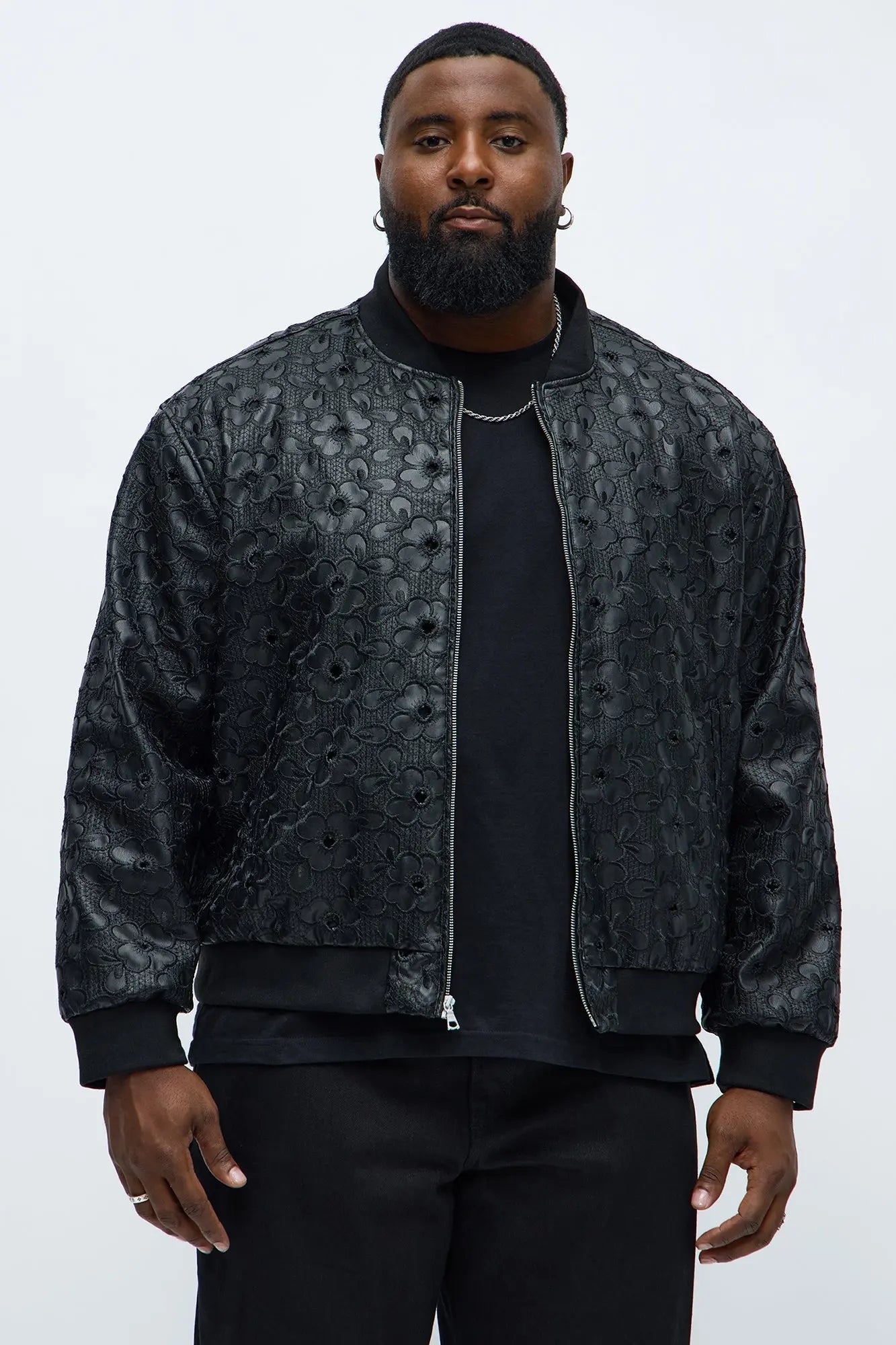 Relaxed Faux Leather Embroidered Floral Bomber Jacket - Black