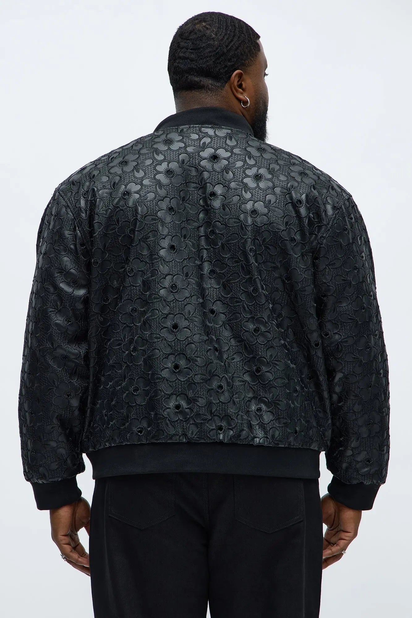 Relaxed Faux Leather Embroidered Floral Bomber Jacket - Black
