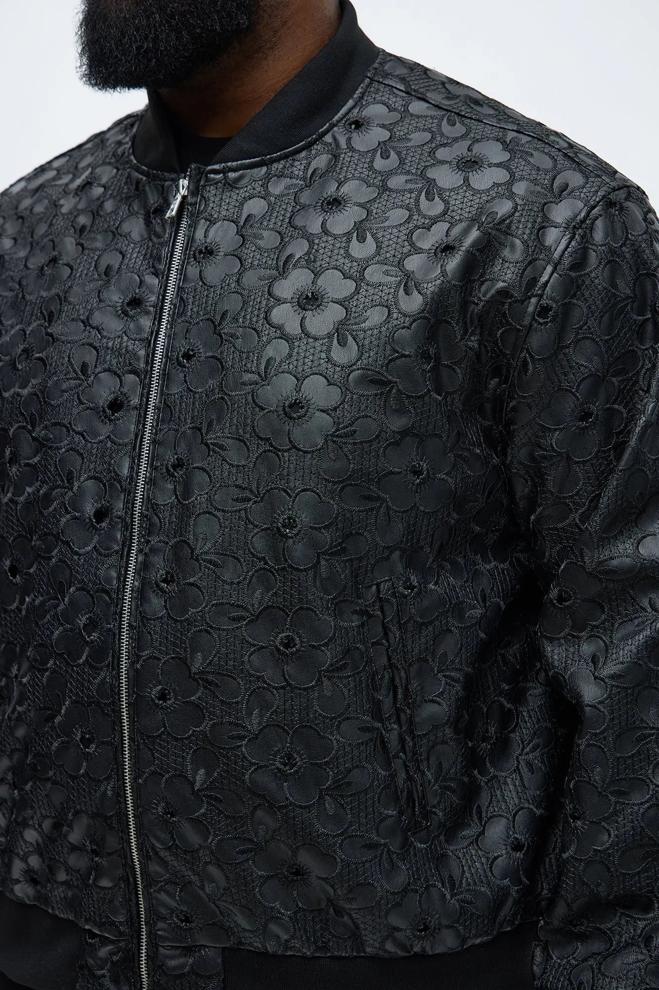 Relaxed Faux Leather Embroidered Floral Bomber Jacket - Black