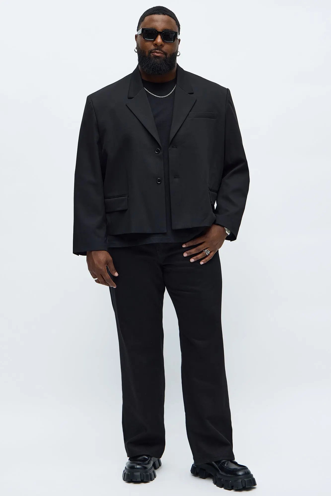 Gabardine Boxy Cropped Single Breasted Blazer - Black