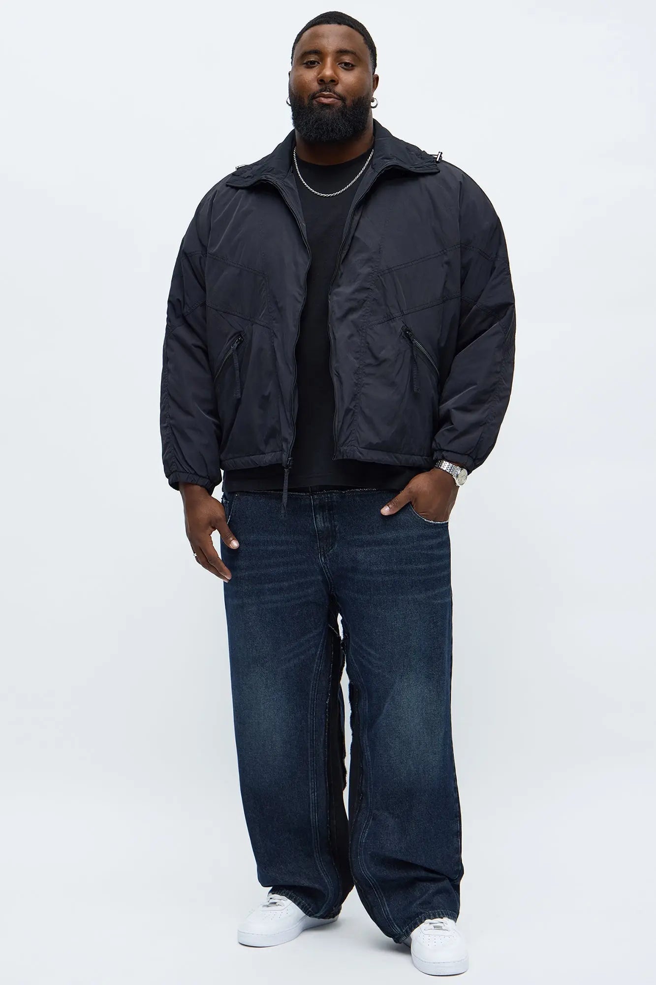 Boxy Paneled Funnel Windbreaker Jacket - Black