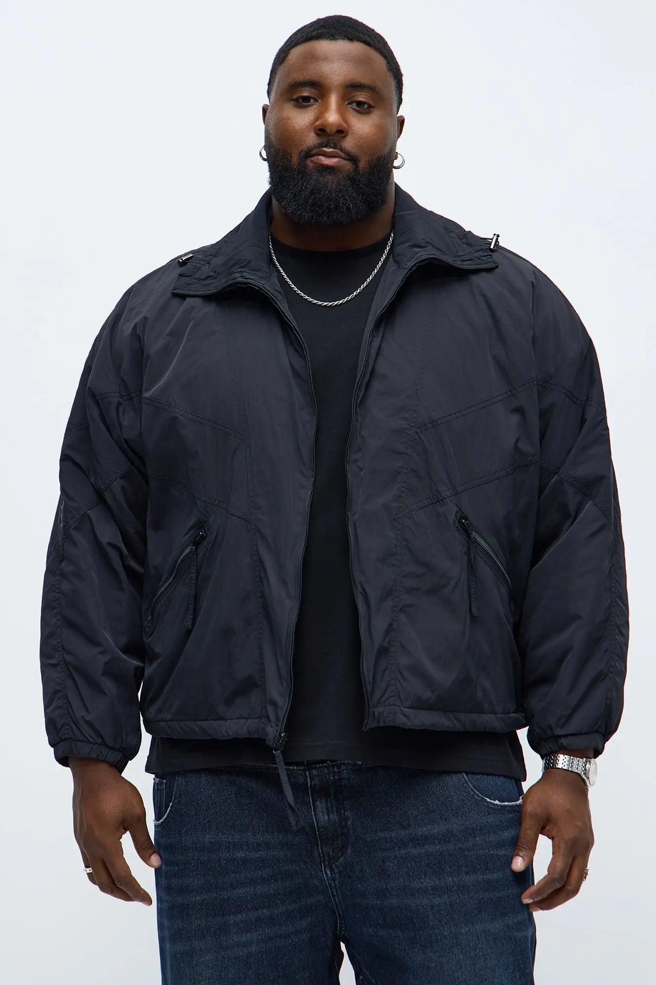 Boxy Paneled Funnel Windbreaker Jacket - Black