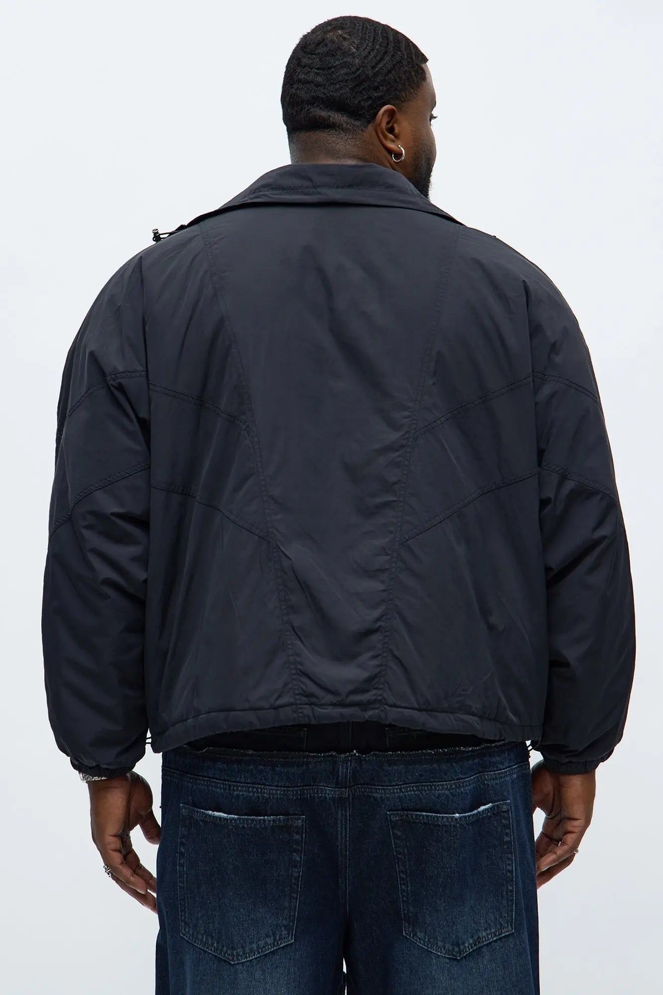 Boxy Paneled Funnel Windbreaker Jacket - Black