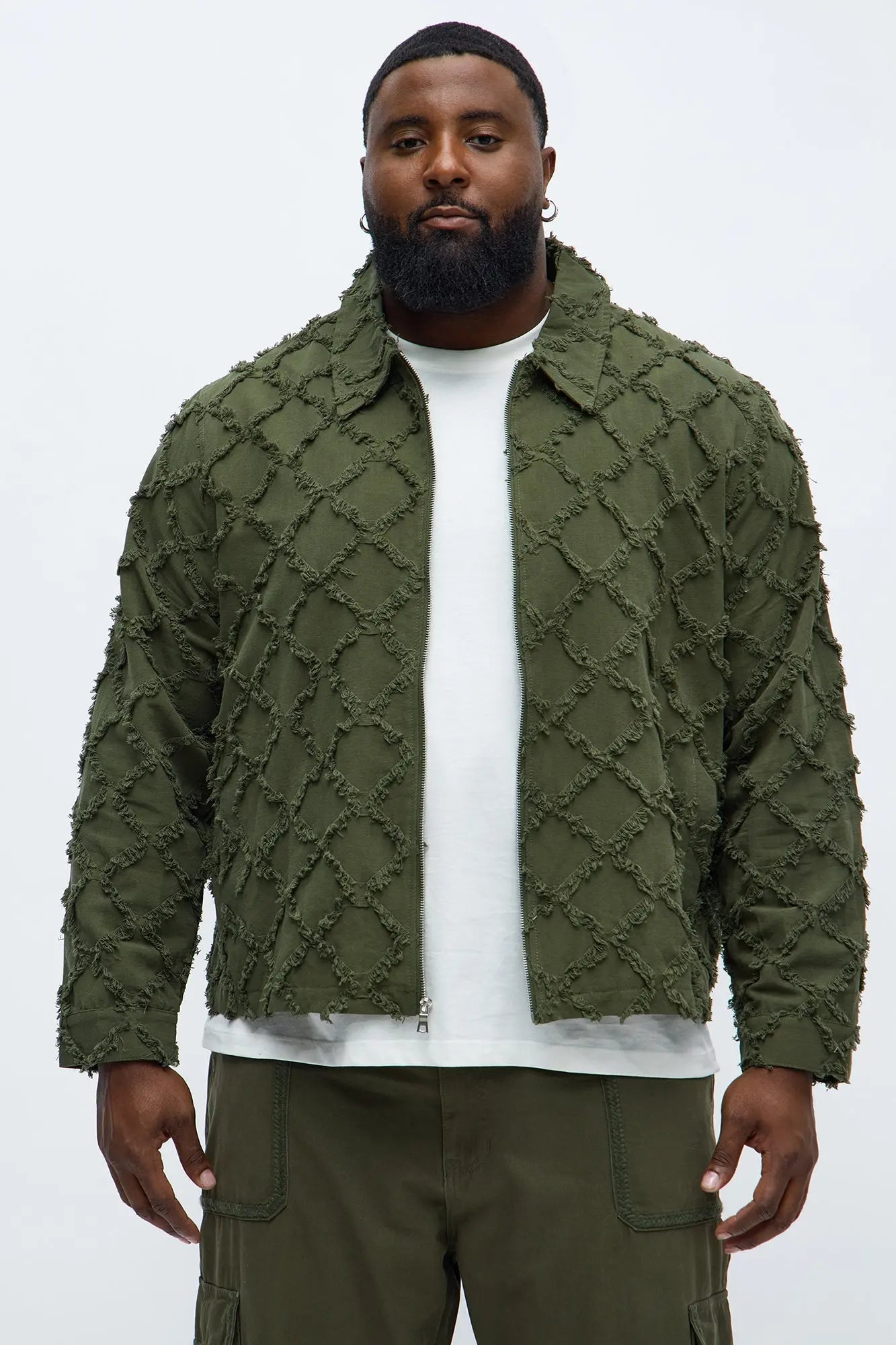 Textured Diamond Frayed Work Jacket - Green