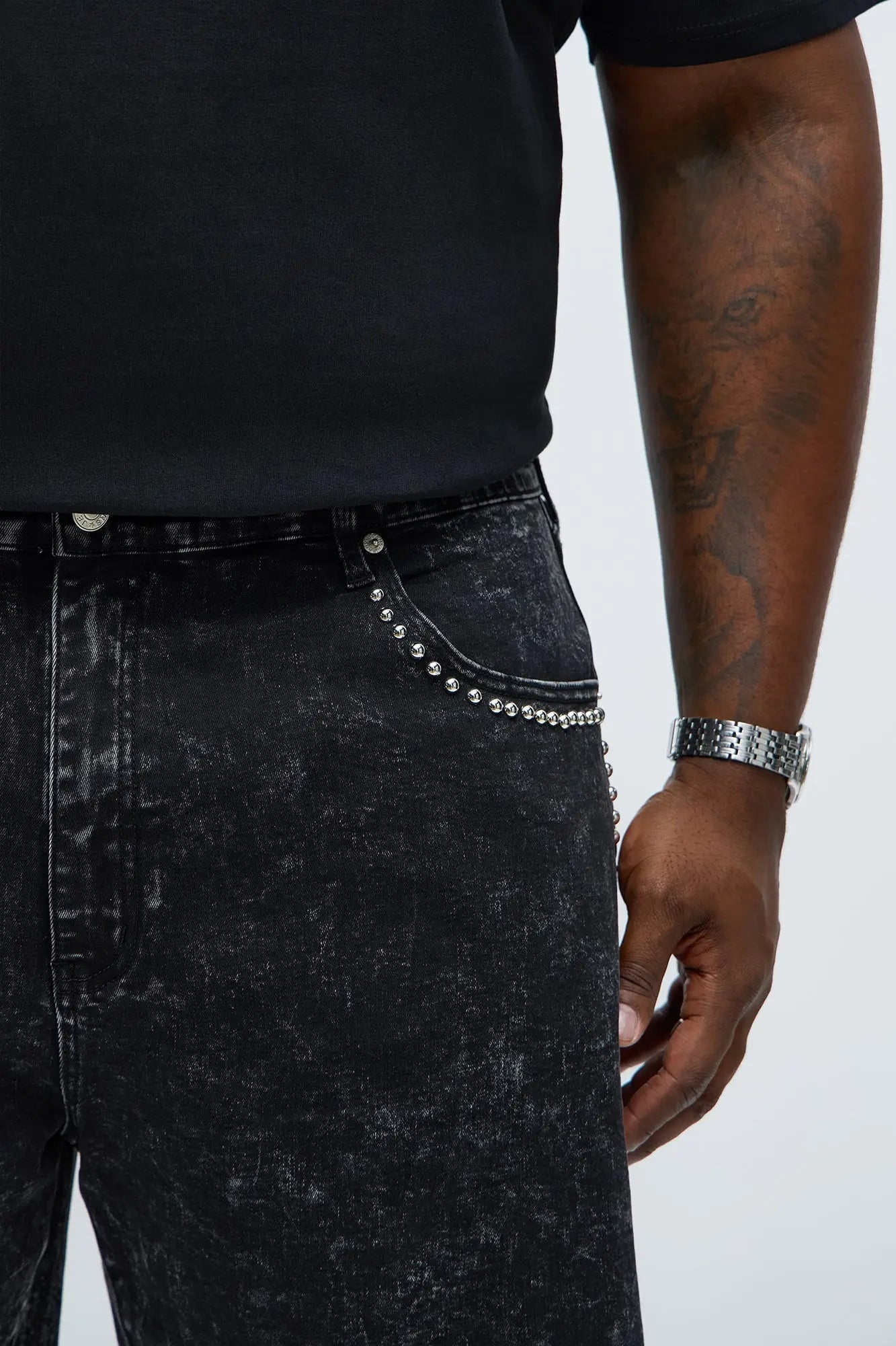 Slim Grindin Studded Denim Short - Black Wash