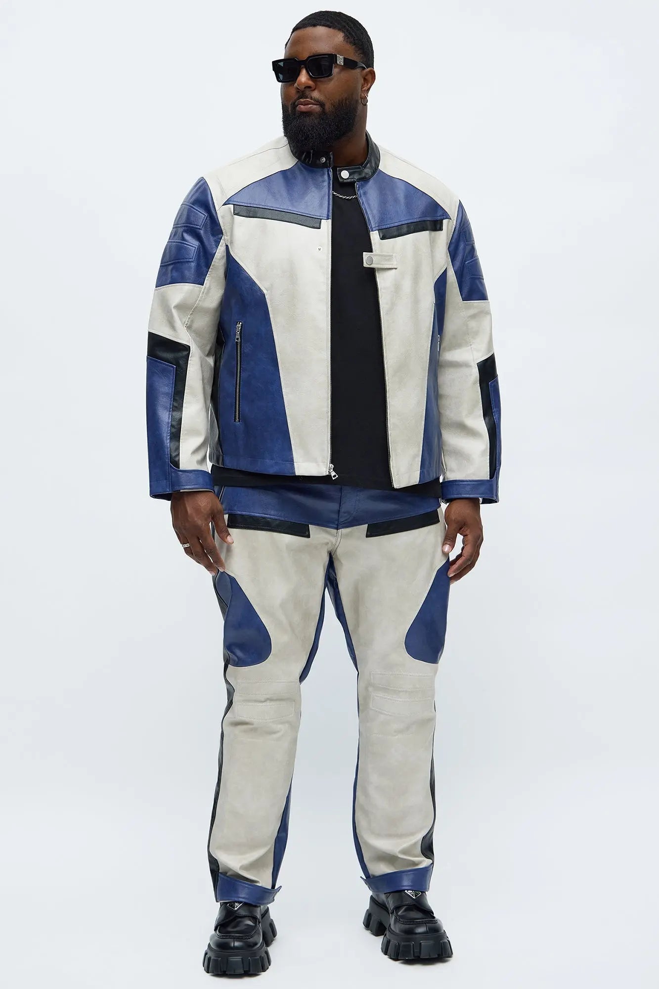 Ignition Paneled Faux Leather Moto Jacket - Blue/combo