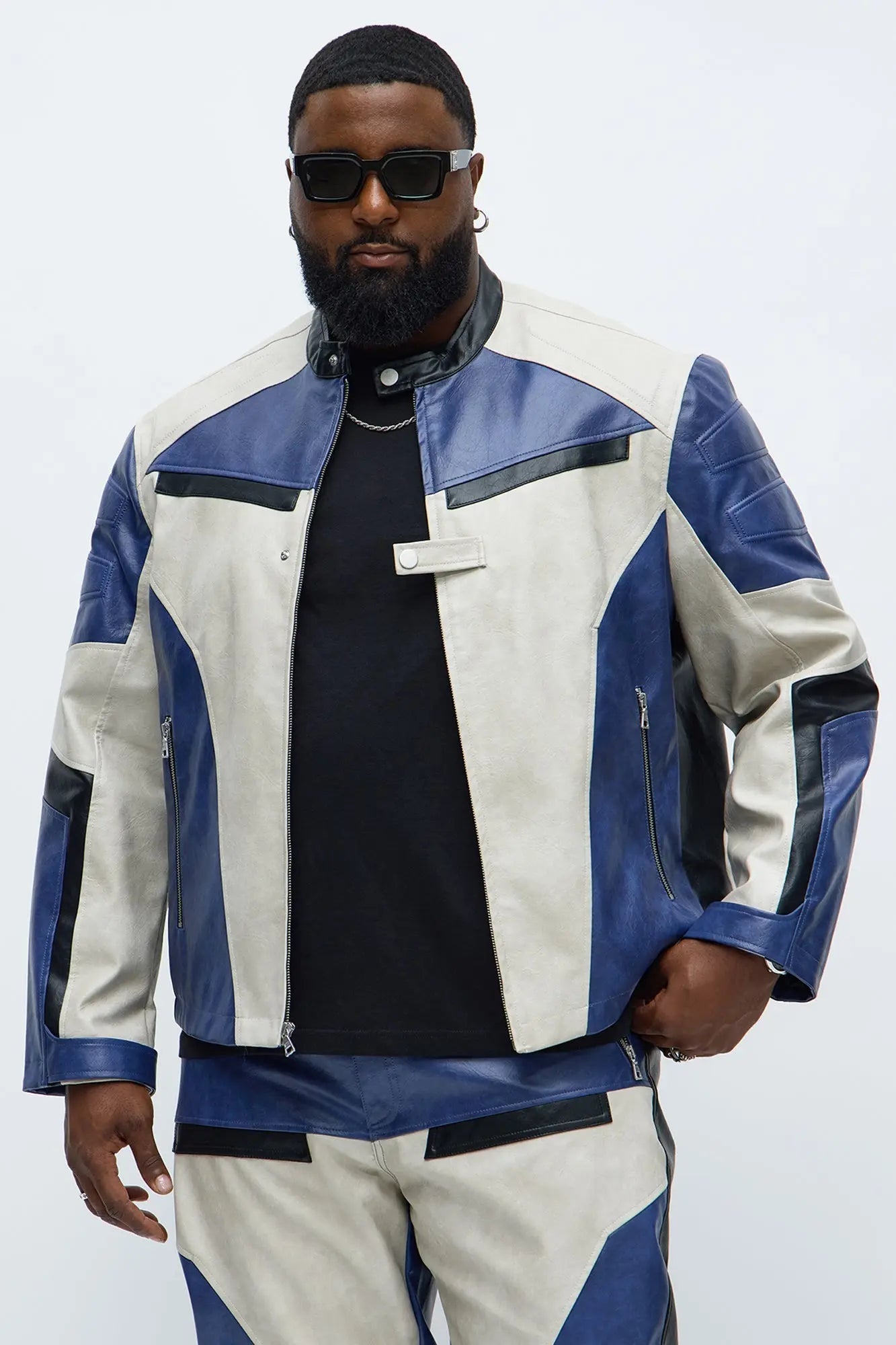 Ignition Paneled Faux Leather Moto Jacket - Blue/combo