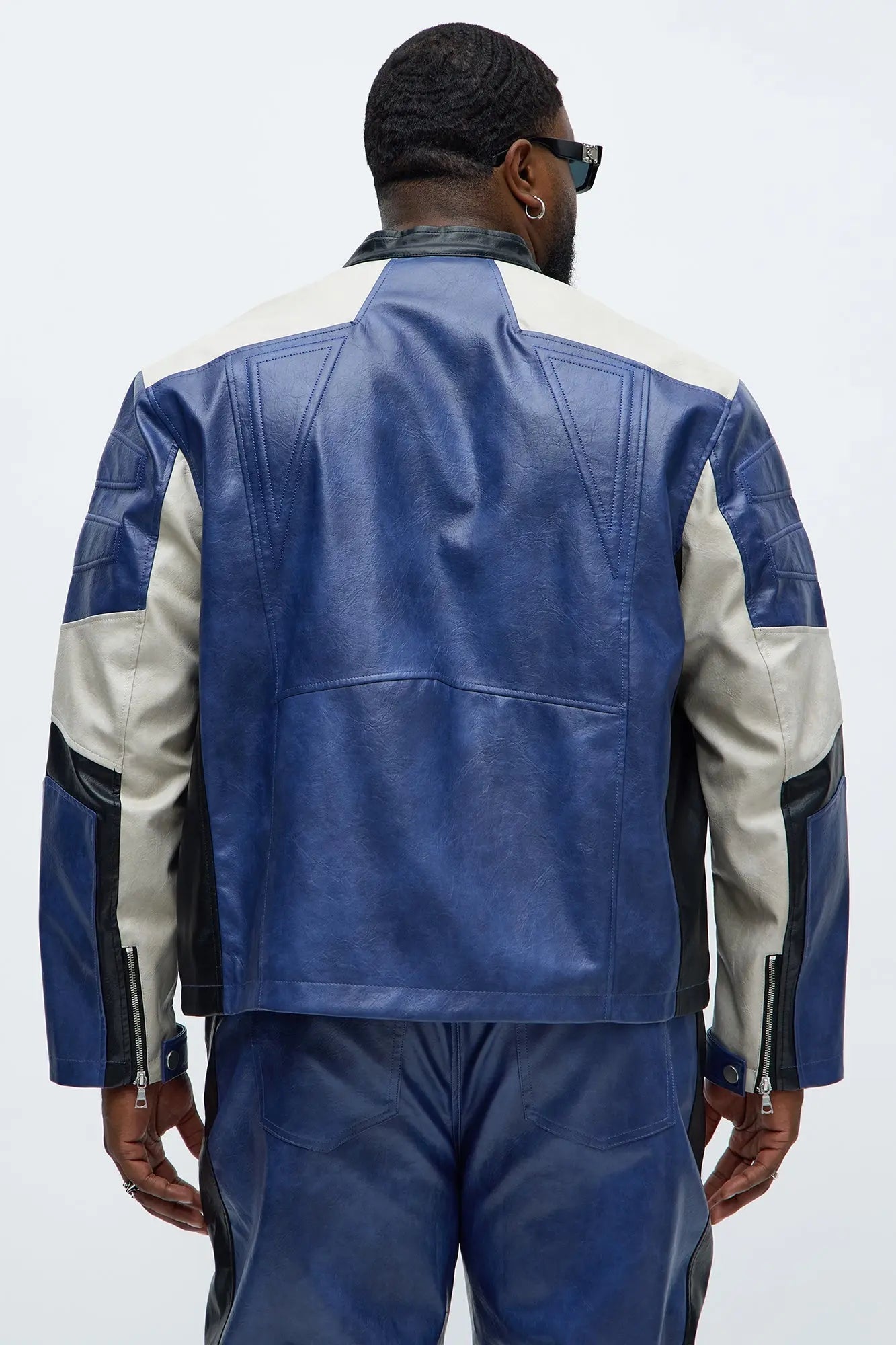 Ignition Paneled Faux Leather Moto Jacket - Blue/combo