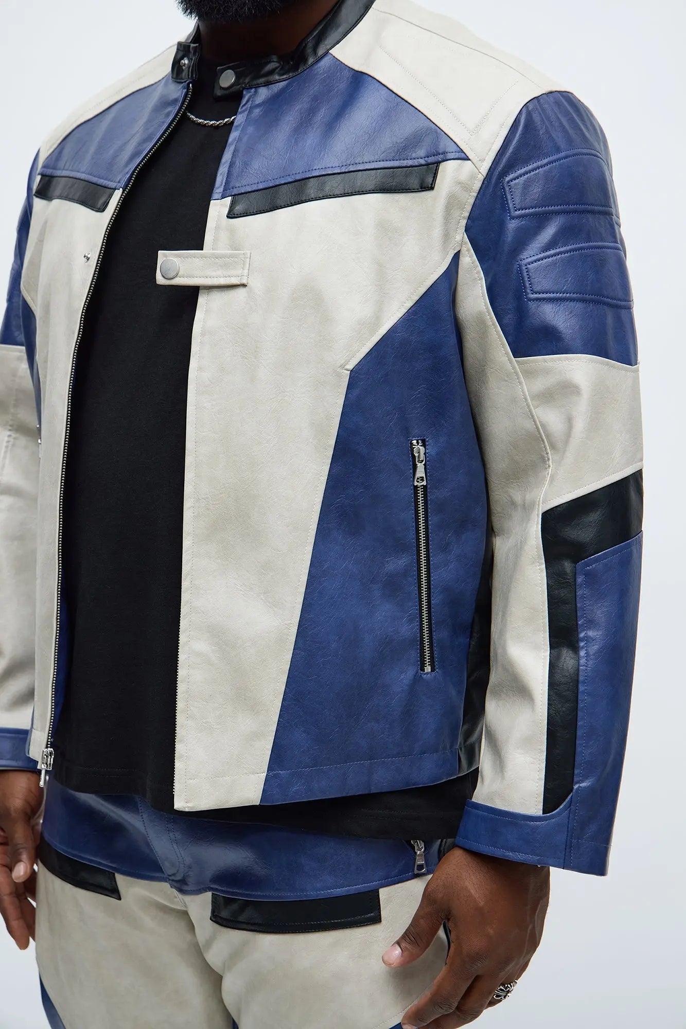 Ignition Paneled Faux Leather Moto Jacket - Blue/combo
