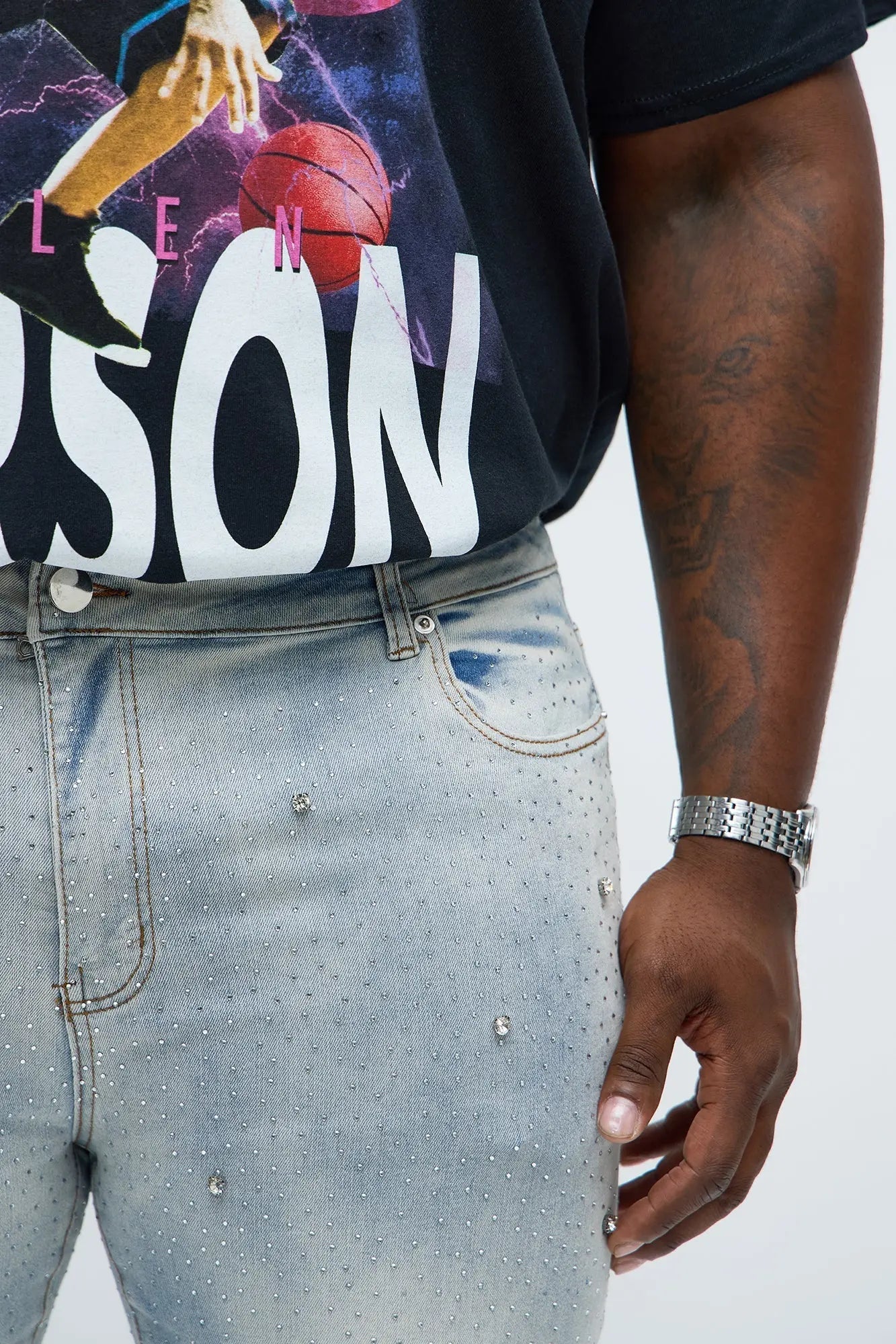 Stacked Skinny Flare Jeweled With It Jean - Light Wash