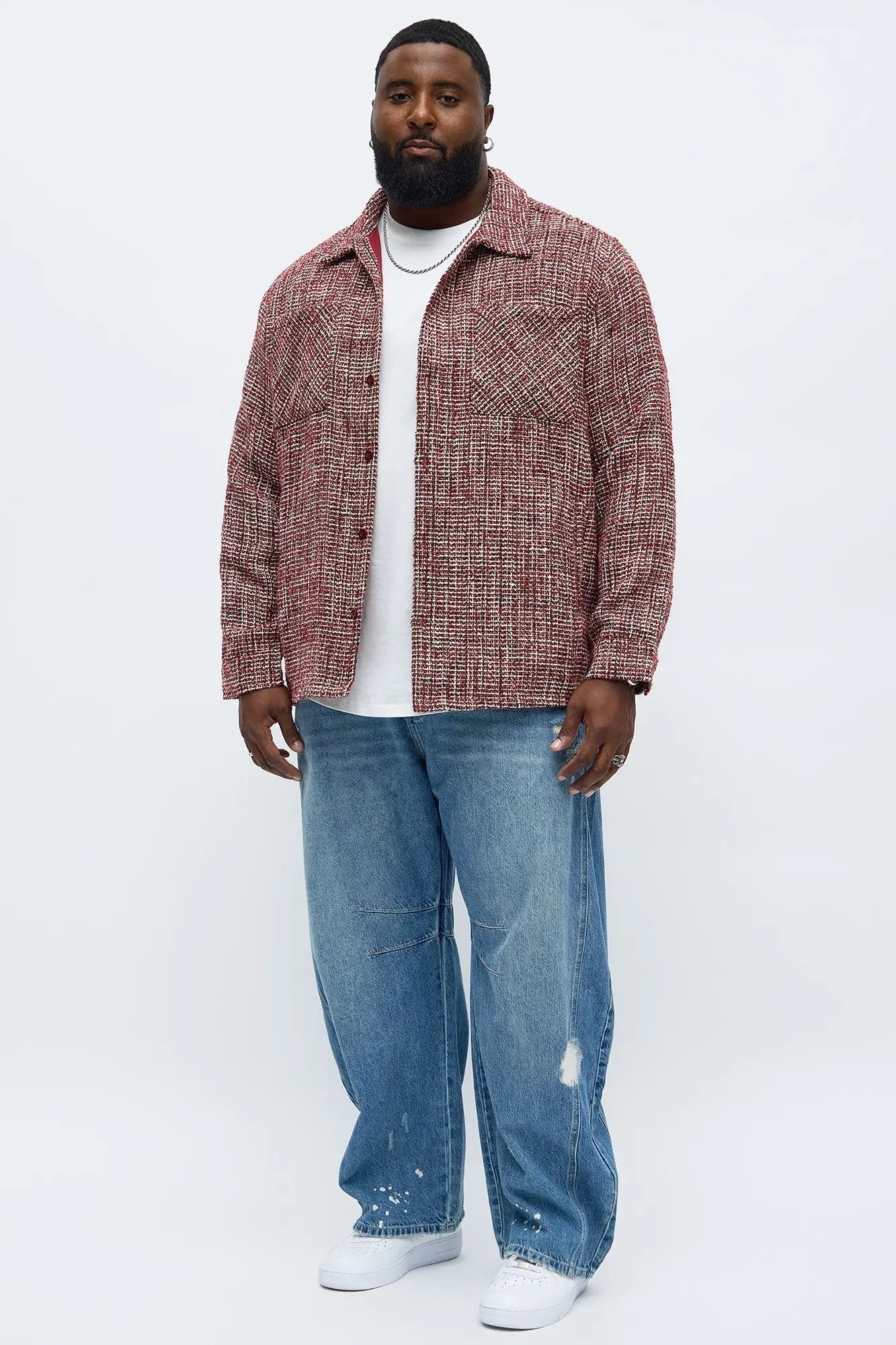 Relaxed Weaved Textured Overshirt - Red