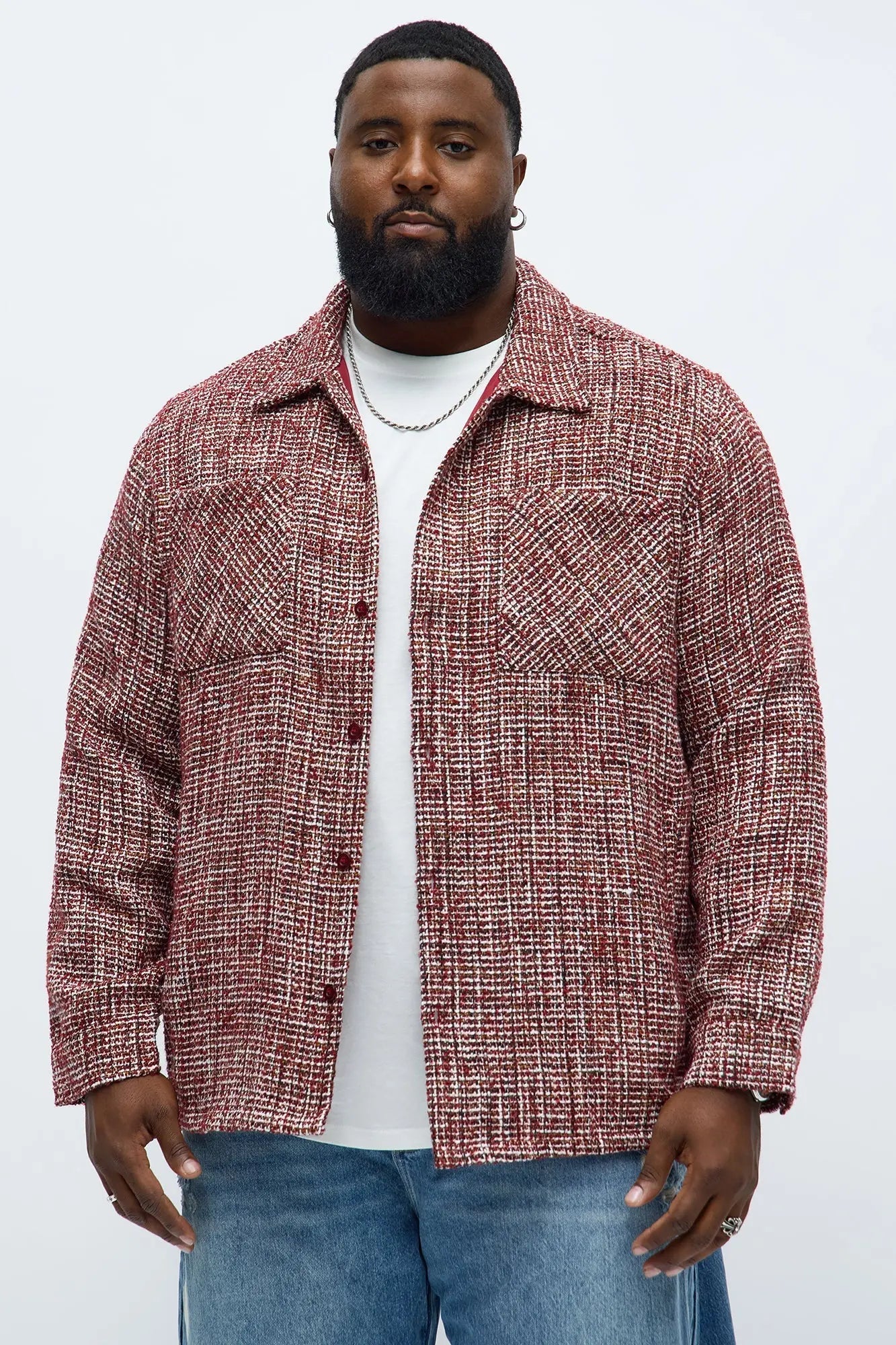 Relaxed Weaved Textured Overshirt - Red