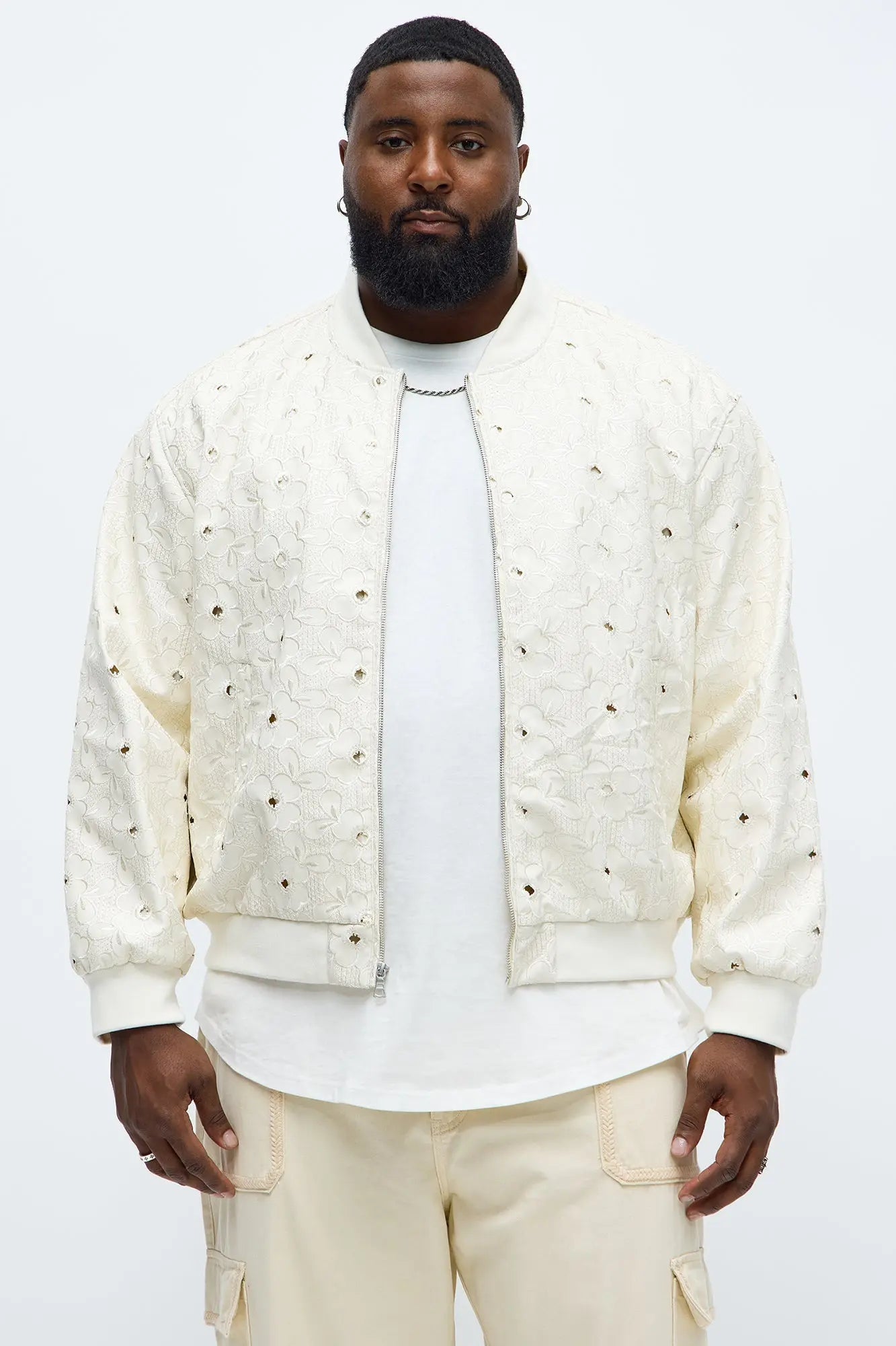 Relaxed Faux Leather Embroidered Floral Bomber Jacket - Off White
