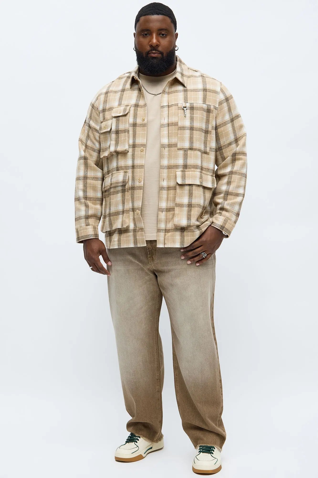 Hardware Detail Cargo Button Up Shirt - Beige