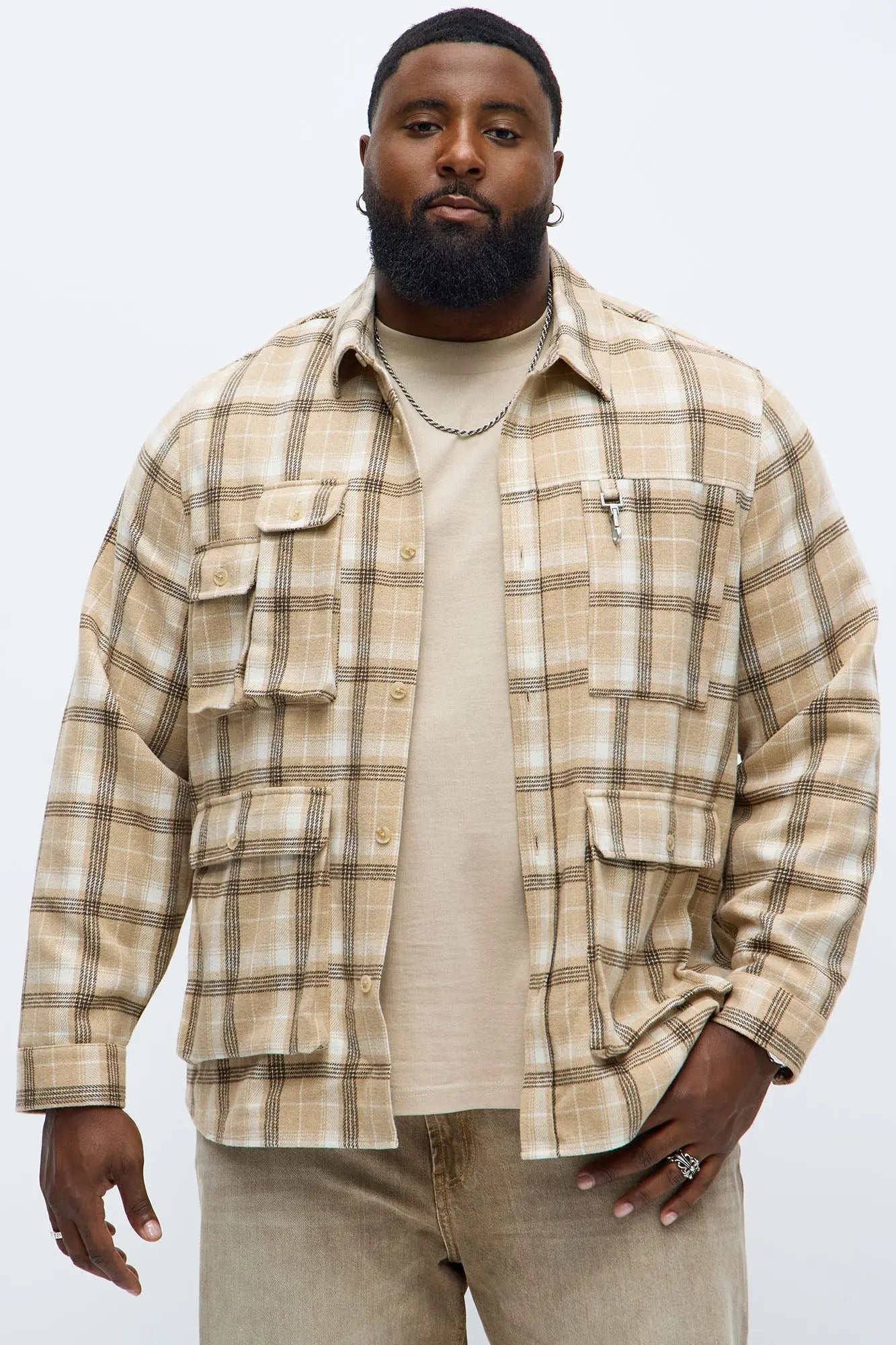 Hardware Detail Cargo Button Up Shirt - Beige