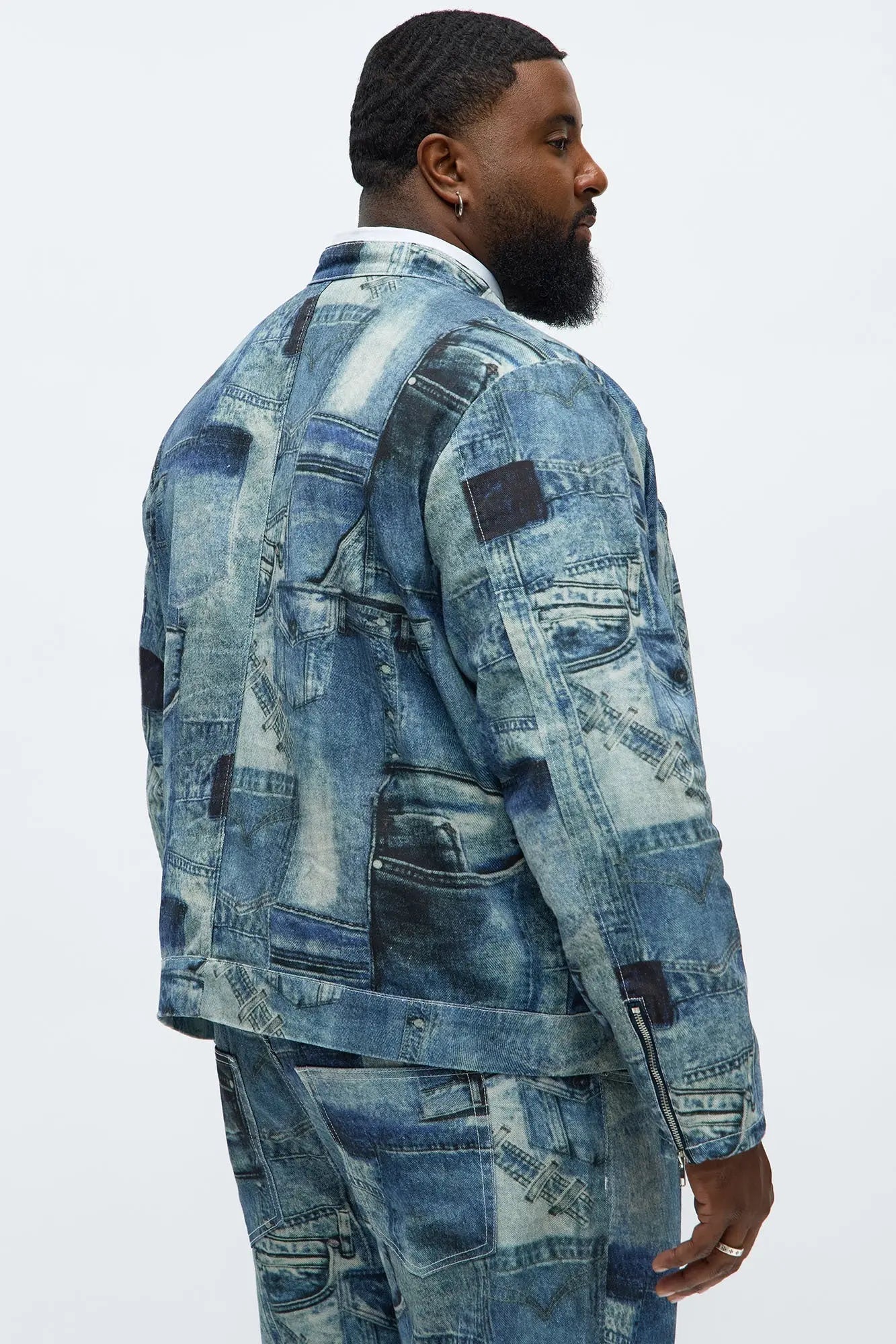 Denim Printed Moto Jacket - Blue