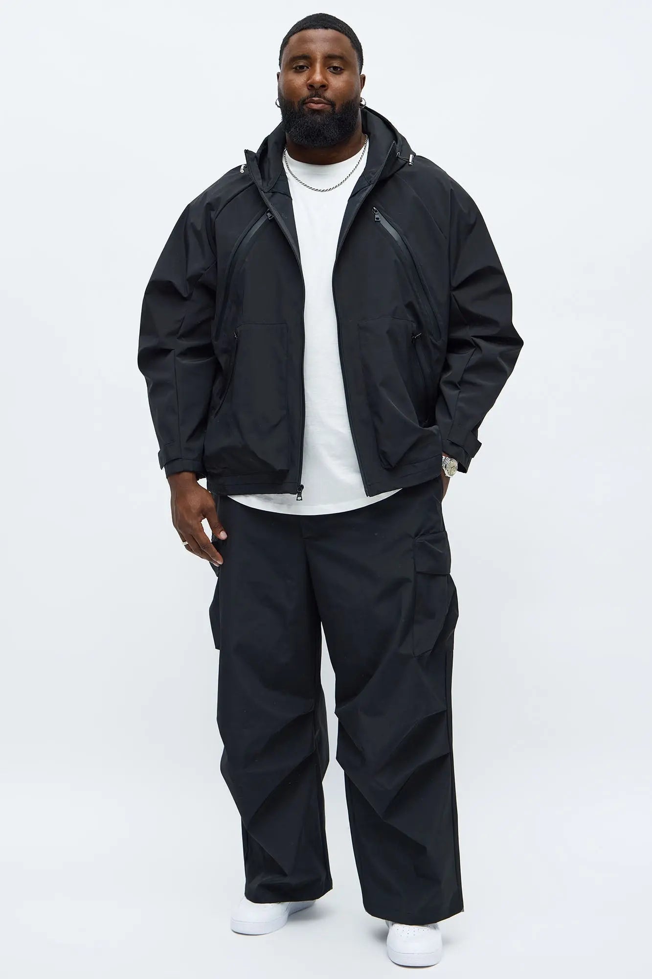 Relaxed Peak Hooded Tech Zip Jacket - Black