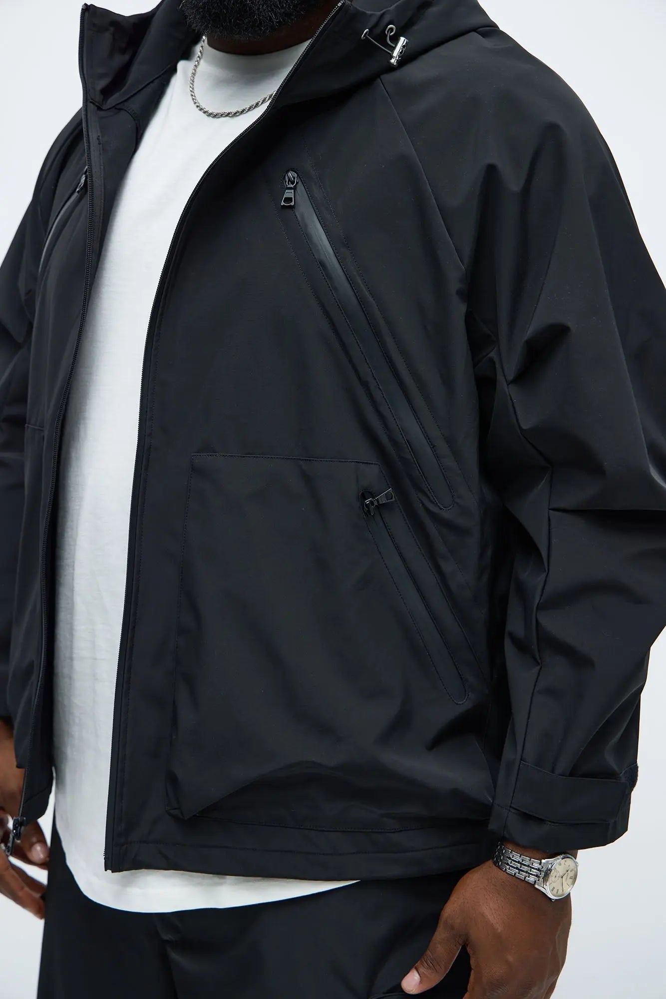 Relaxed Peak Hooded Tech Zip Jacket - Black