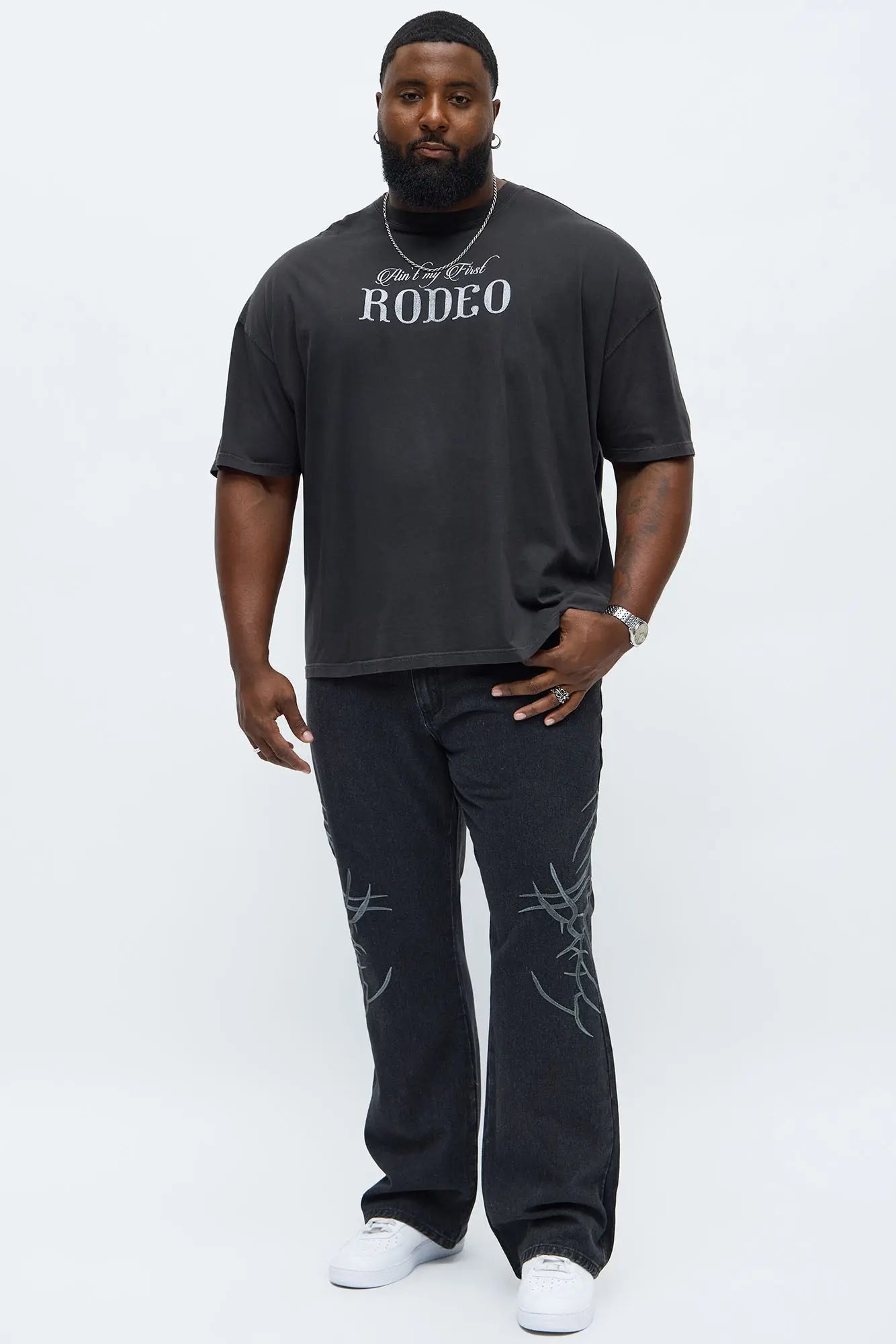 Stacked Slim Flare Thread Bare Embroidered Jean - Black Wash
