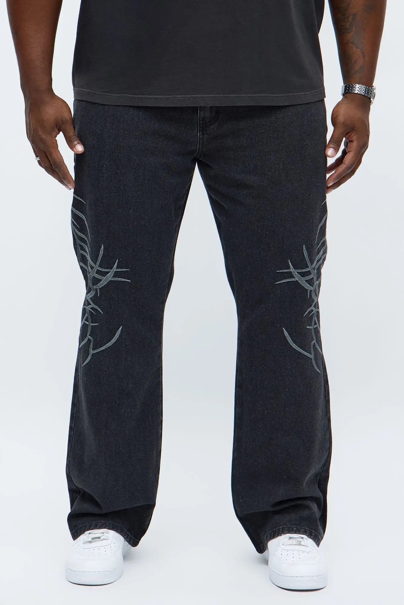 Stacked Slim Flare Thread Bare Embroidered Jean - Black Wash