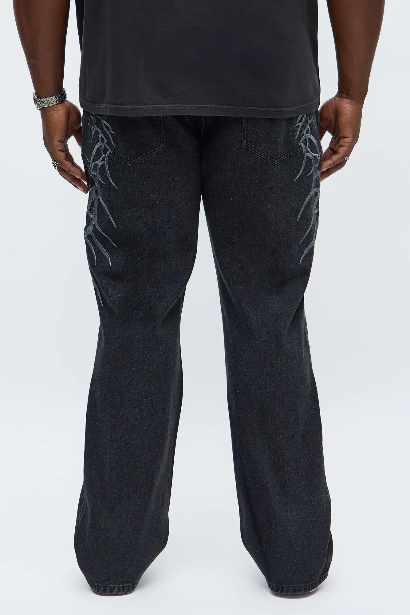 Stacked Slim Flare Thread Bare Embroidered Jean - Black Wash
