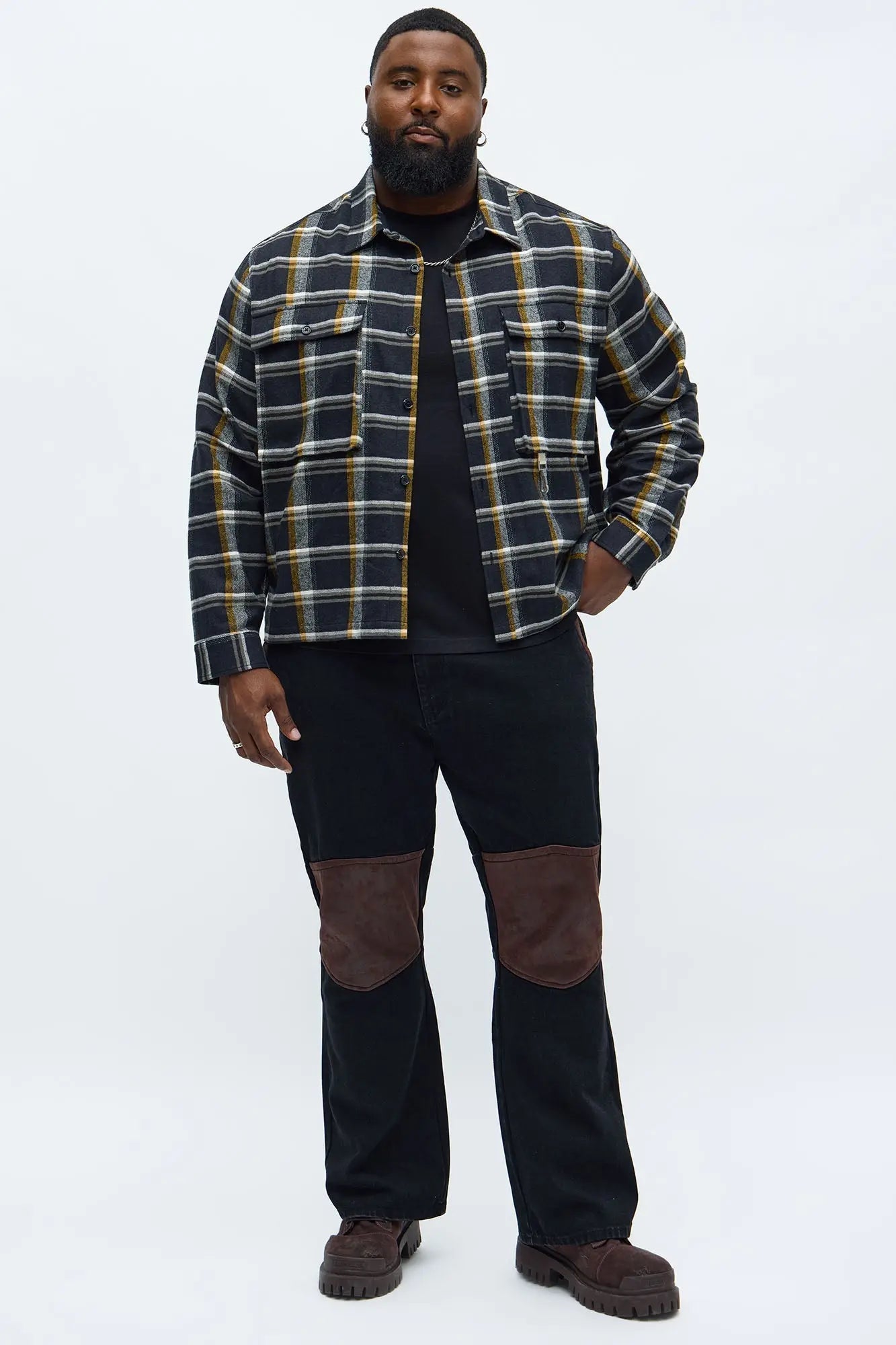 Cropped Flannel Hardware Button Up Shirt - Black