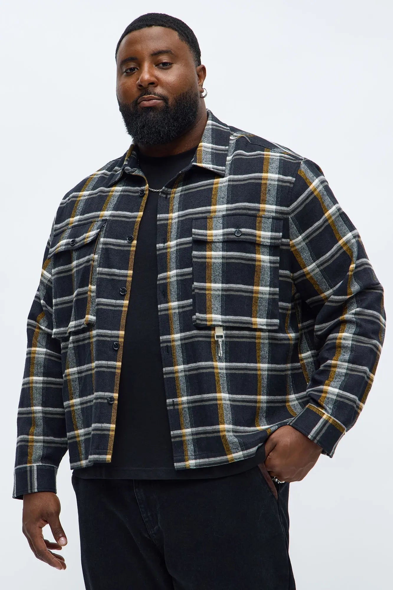 Cropped Flannel Hardware Button Up Shirt - Black