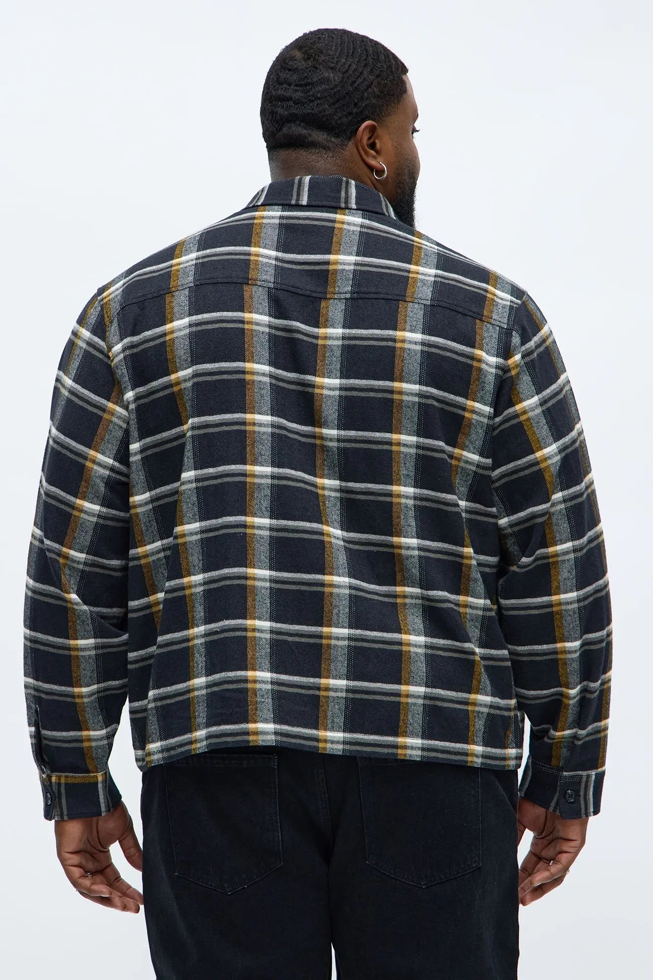 Cropped Flannel Hardware Button Up Shirt - Black