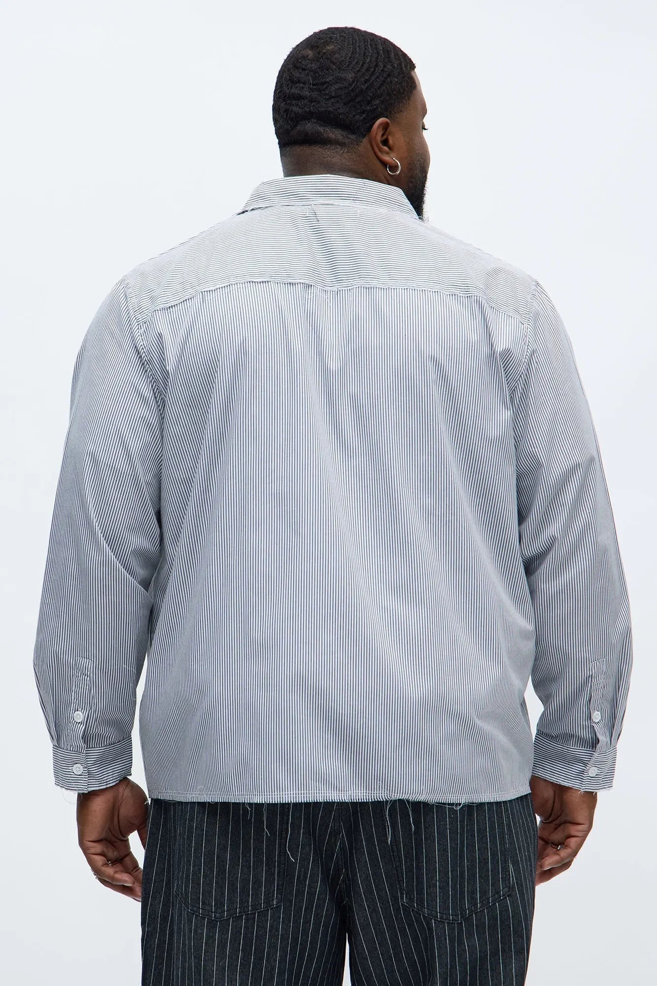 Relaxed Unrestricted Frayed Long Sleeve Button Up Shirt - Grey/combo